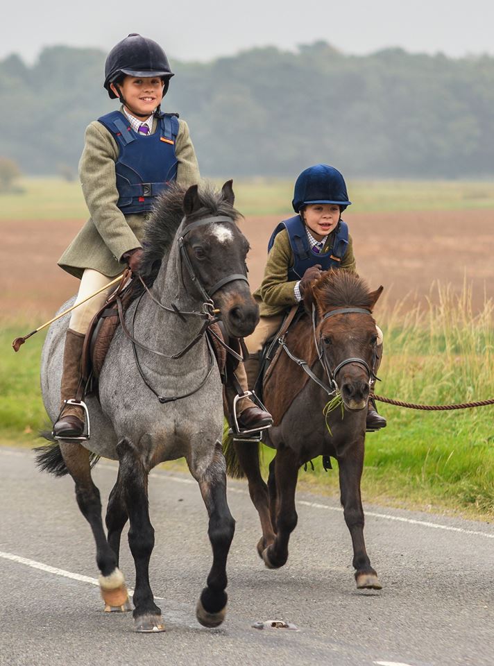 Two children riding two small horses on the street