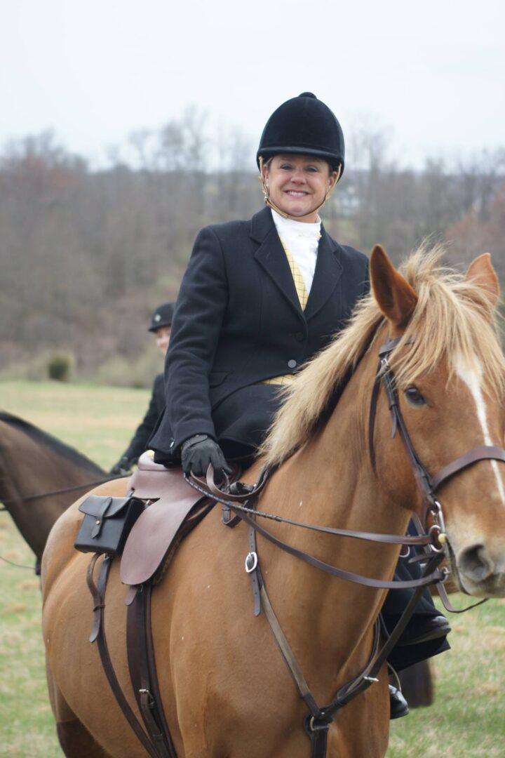 A lady wearing a suit riding a brown horse