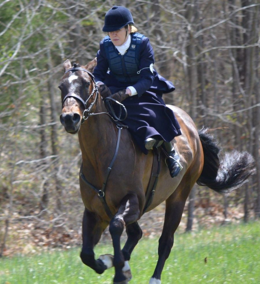 Lady running a horse at a high speed in field