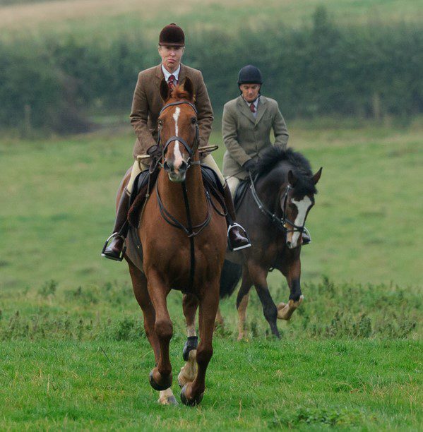 Two persons riding a brown black color horse