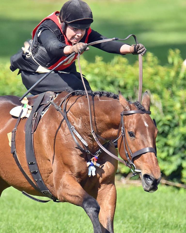 A lady riding a running horse in brown